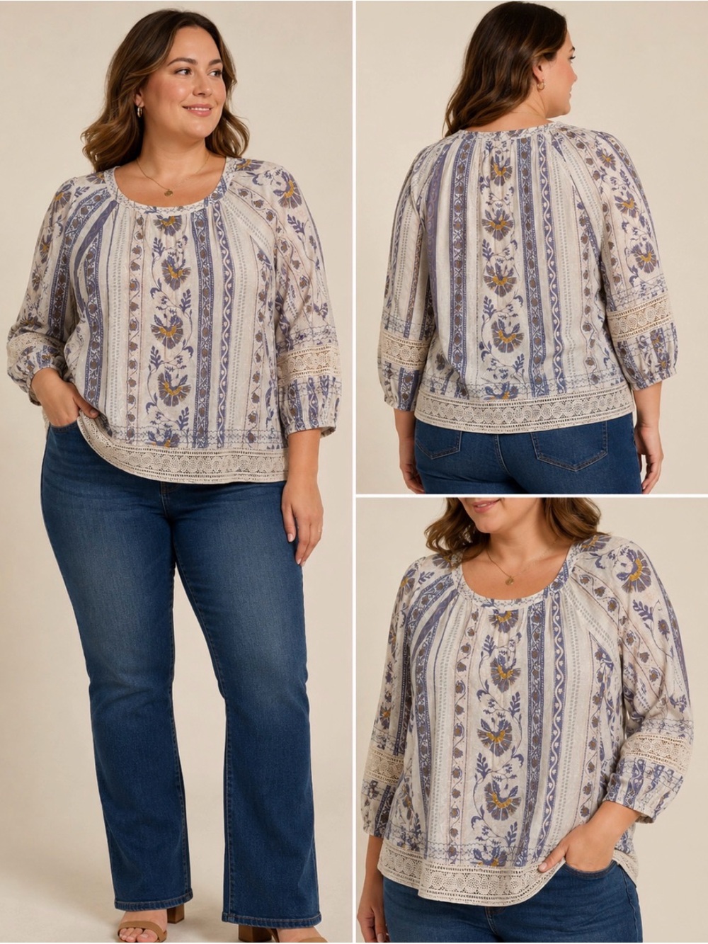Daniel Rainn 3/4 Sleeve Top Women’s Size L  Mixed Floral Striped Print Lace Trim